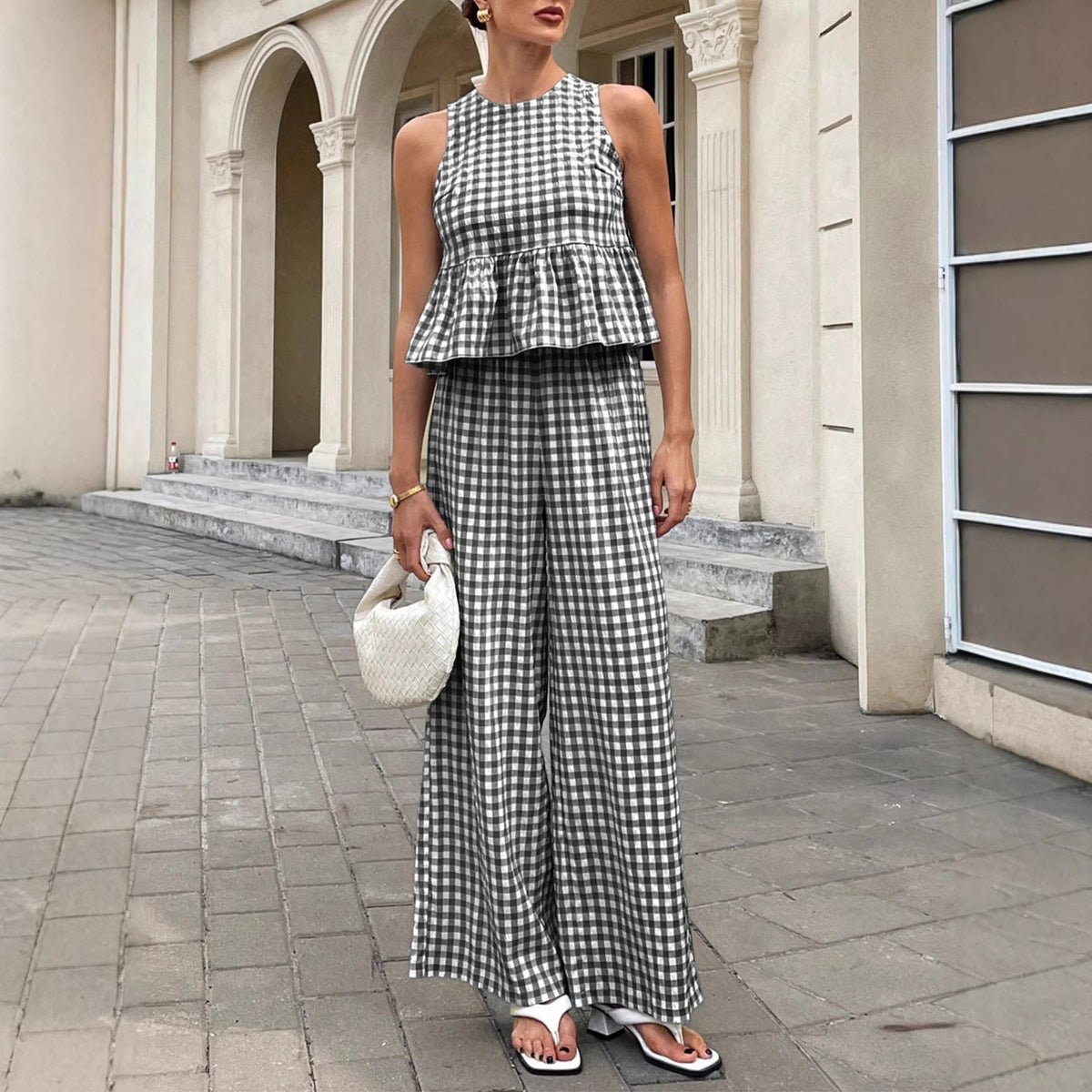 Women's Gingham Sleeveless Peplum Top and Wide Leg Pants - 2 Piece Set - Seldom Seen Styles