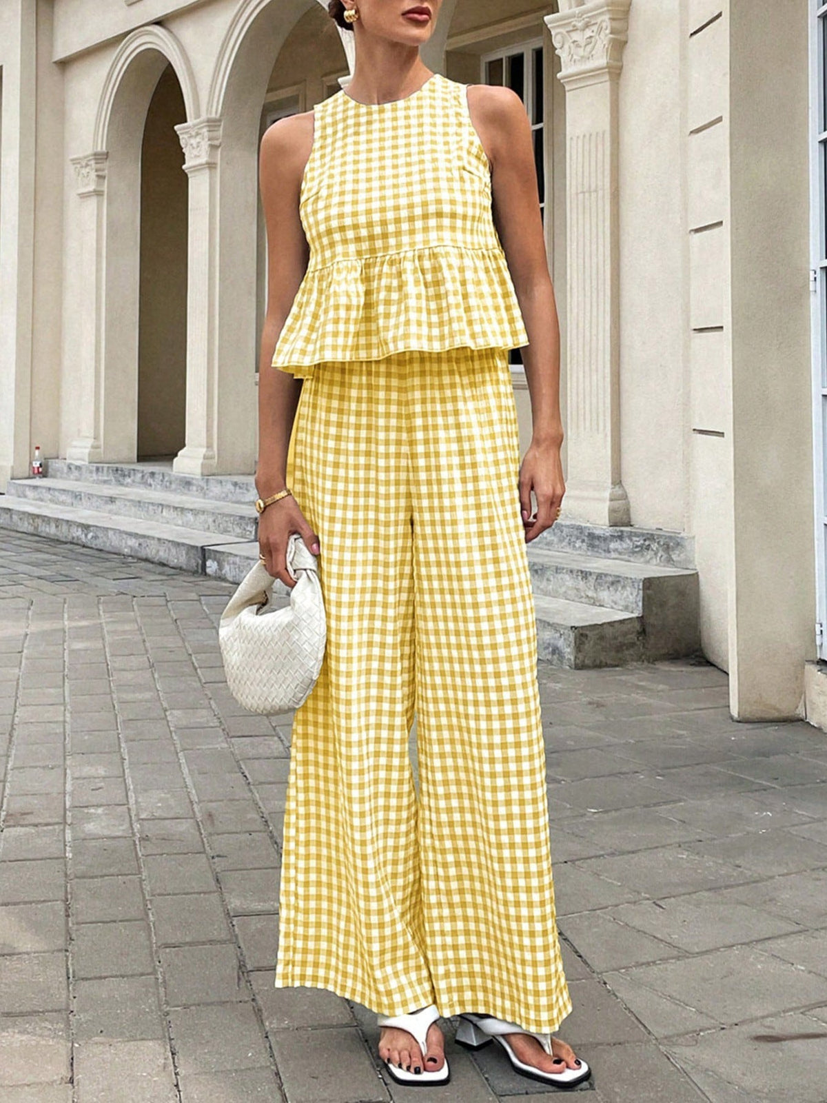 Women's Gingham Sleeveless Peplum Top and Wide Leg Pants - 2 Piece Set - Seldom Seen Styles