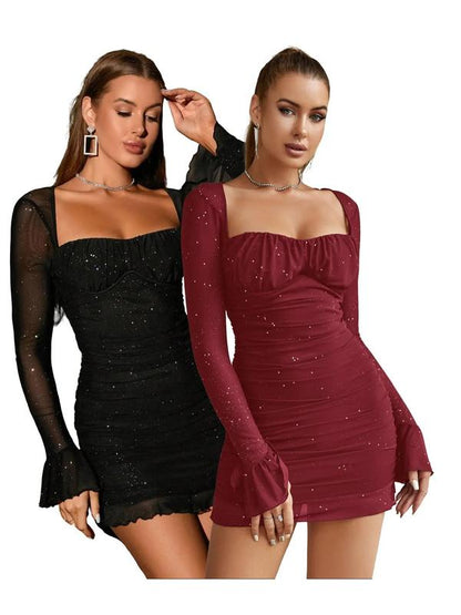 Robe moulante courte froncée à manches longues en maille contrastante à paillettes pour femme, Robe moulante élégante et décontractée à col carré et bordure festonnée pour fête, dîner, vacances, Robe de soirée, Robe d'anniversaire pour femme décontractée