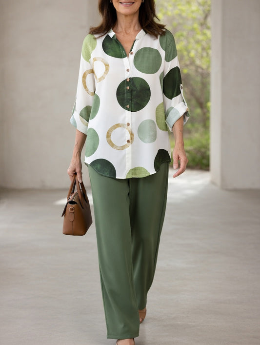 Women's Green 2-Piece Outfit Set Abstract Circle Print Button-Front Blouse Wide-Leg Pants Matching Set Elegant Casual Summer Coord Set for Women - Seldom Seen Styles