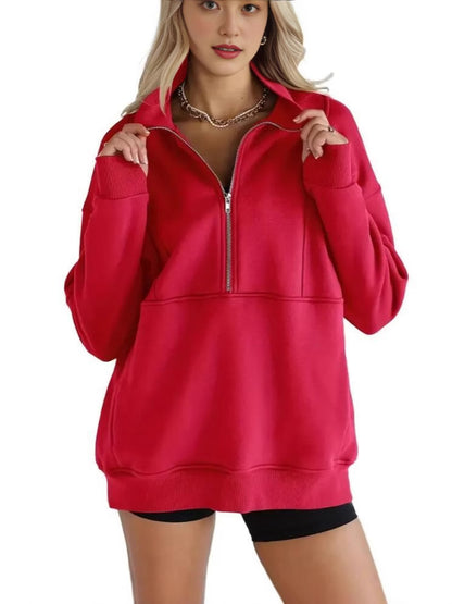 Sweats à demi-fermeture éclair pour femmes, polaire, col montant, manches longues, trou pour le pouce, pulls surdimensionnés avec poches