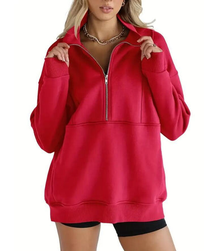 Sweats à demi-fermeture éclair pour femmes, polaire, col montant, manches longues, trou pour le pouce, pulls surdimensionnés avec poches