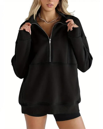Sweats à demi-fermeture éclair pour femmes, polaire, col montant, manches longues, trou pour le pouce, pulls surdimensionnés avec poches