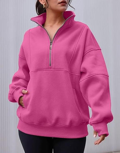 Sweats à demi-fermeture éclair pour femmes, polaire, col montant, manches longues, trou pour le pouce, pulls surdimensionnés avec poches