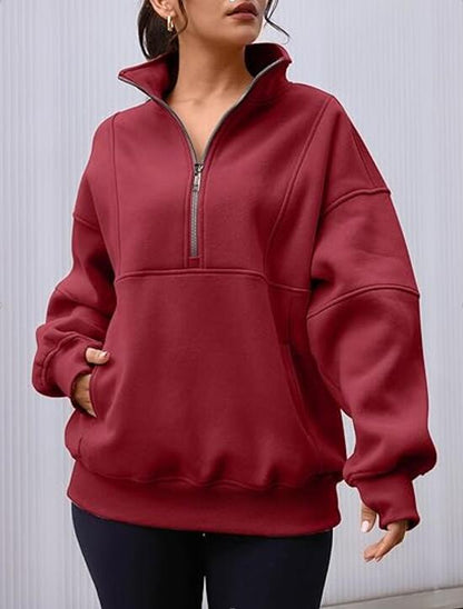 Sweats à demi-fermeture éclair pour femmes, polaire, col montant, manches longues, trou pour le pouce, pulls surdimensionnés avec poches