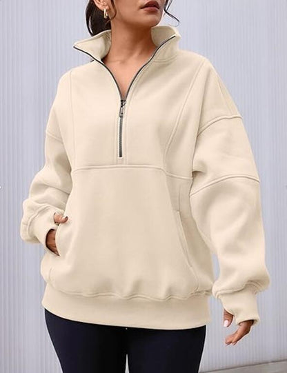 Sweats à demi-fermeture éclair pour femmes, polaire, col montant, manches longues, trou pour le pouce, pulls surdimensionnés avec poches
