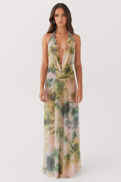Robe longue à imprimé Antonia avec col montant noué derrière la nuque