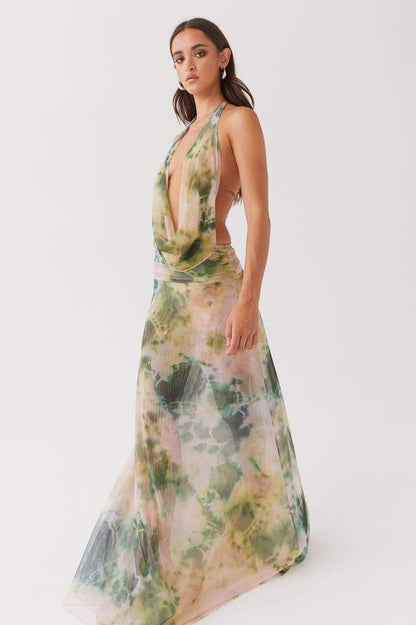 Robe longue à imprimé Antonia avec col montant noué derrière la nuque