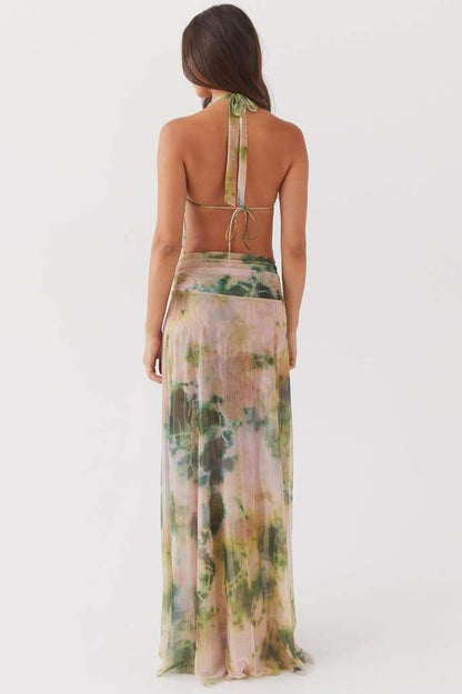 Robe longue à imprimé Antonia avec col montant noué derrière la nuque