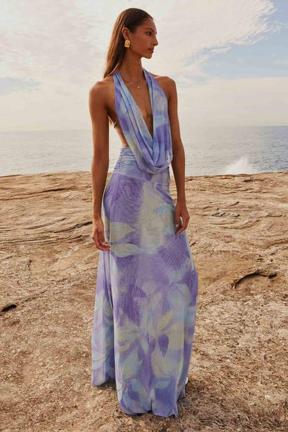 Robe longue à imprimé Antonia avec col montant noué derrière la nuque