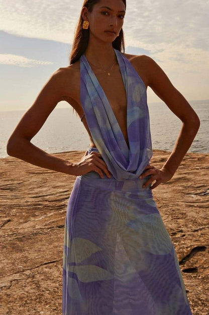 Robe longue à imprimé Antonia avec col montant noué derrière la nuque