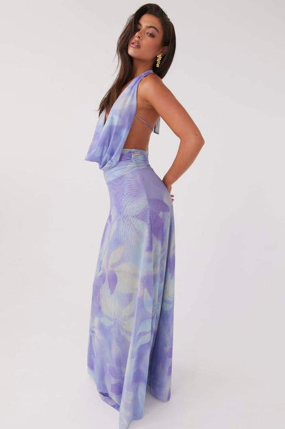 Robe longue à imprimé Antonia avec col montant noué derrière la nuque