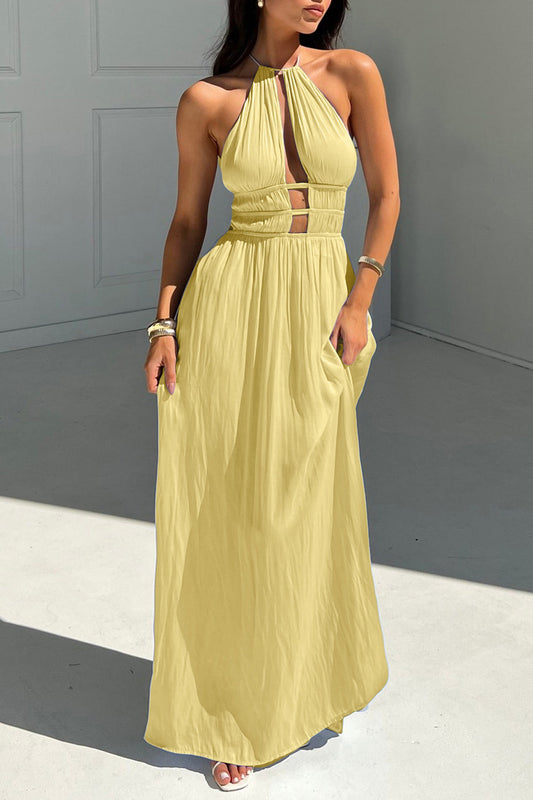 Women's Halter Neck Cut Out Sleeveless Maxi Dress Fitted Bodycon Rayon Blend Party Dress for Wedding Guest Date Night Summer Vacation - Seldom Seen Styles