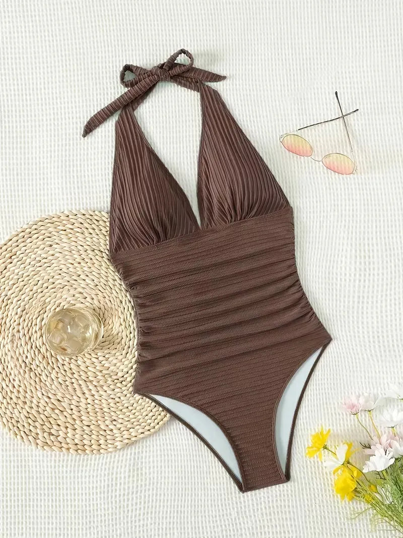 Women's Halter Neck Deep V Ribbed One Piece Swimsuit | Open Back Swimwear - Seldom Seen Styles