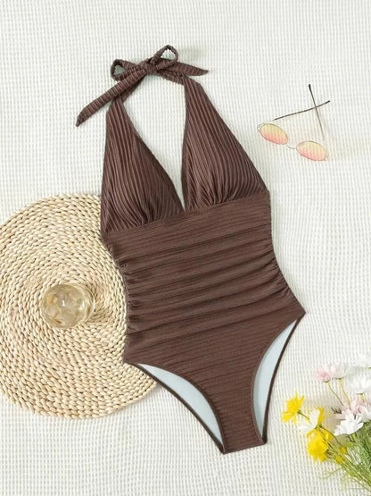 Women's Halter Neck Deep V Ribbed One Piece Swimsuit | Open Back Swimwear