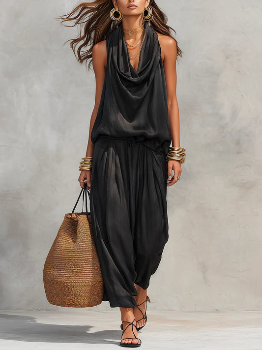 Women's Halter Neck Sleeveless Top High Waist Wide Leg Pleated Trousers Set Elegant Casual Summer Vacation Two Piece Outfit - Seldom Seen Styles