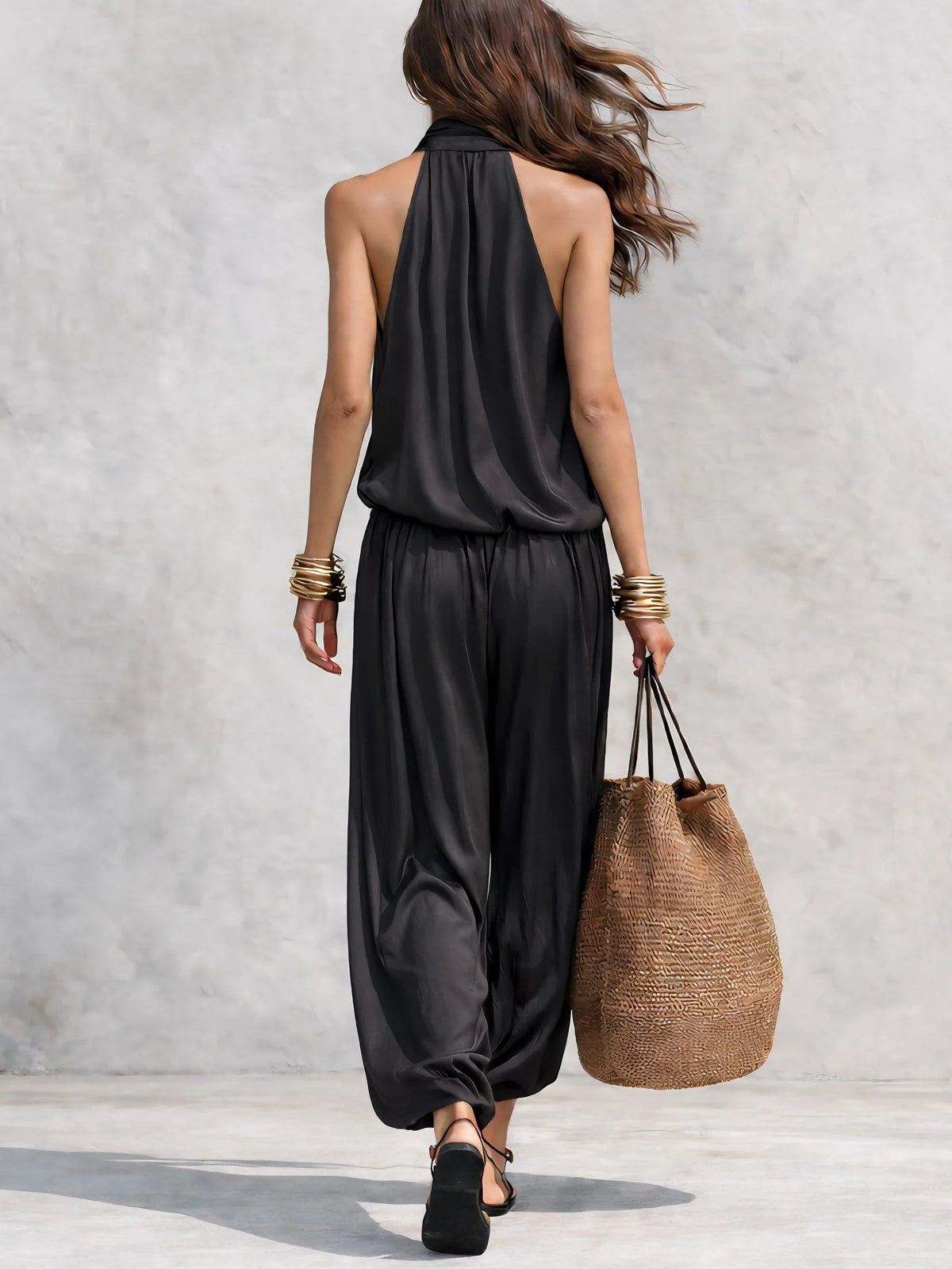 Women's Halter Neck Sleeveless Top High Waist Wide Leg Pleated Trousers Set Elegant Casual Summer Vacation Two Piece Outfit - Seldom Seen Styles