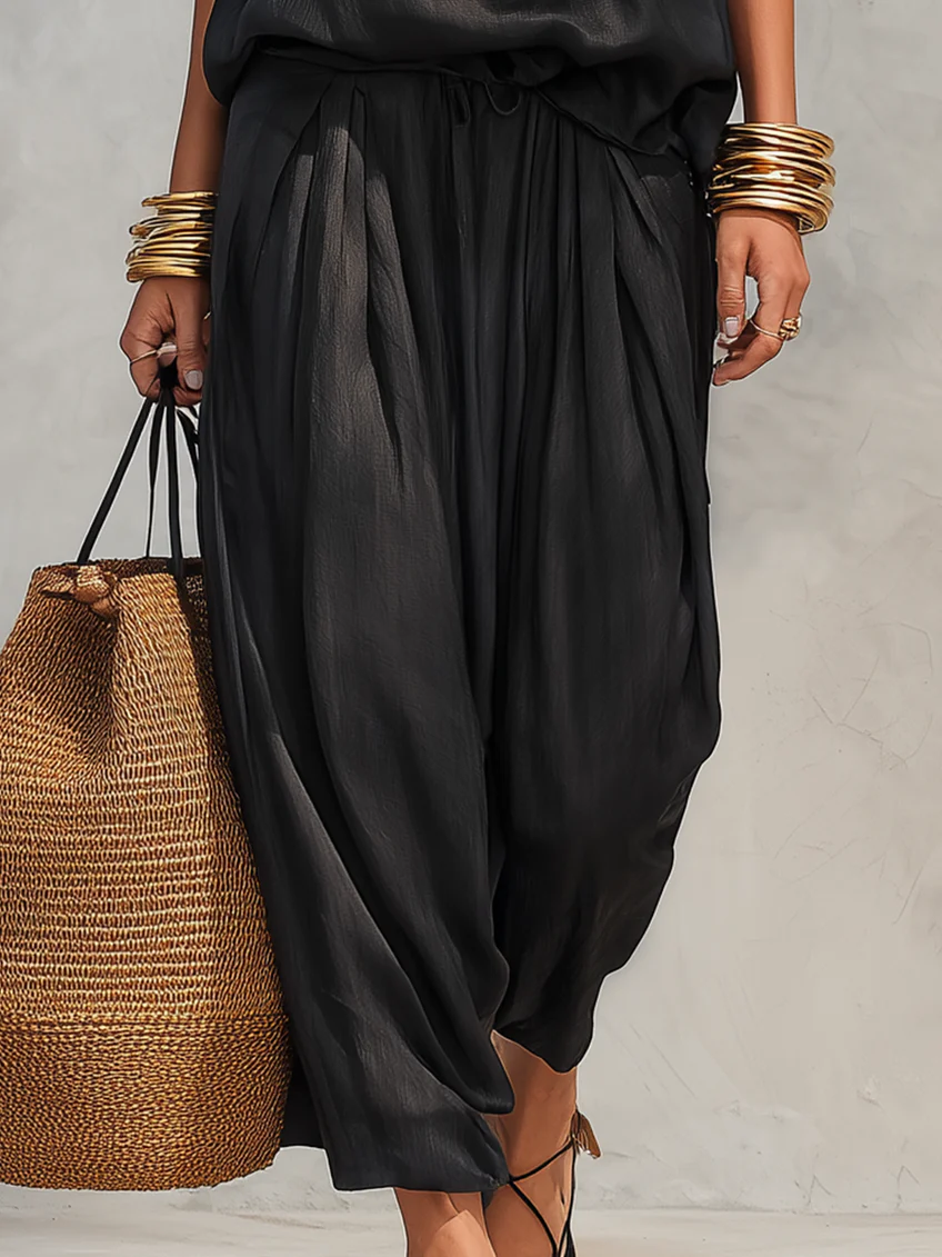 Women's Halter Neck Sleeveless Top High Waist Wide Leg Pleated Trousers Set Elegant Casual Summer Vacation Two Piece Outfit - Seldom Seen Styles
