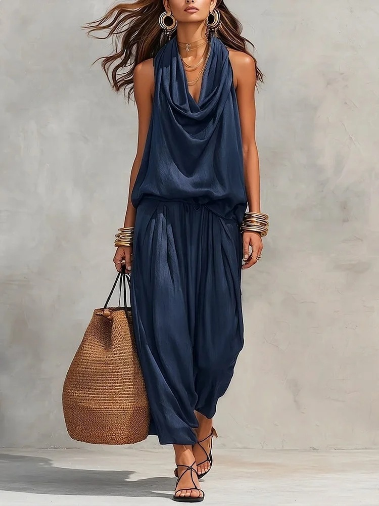 Women's Halter Neck Sleeveless Top High Waist Wide Leg Pleated Trousers Set Elegant Casual Summer Vacation Two Piece Outfit - Seldom Seen Styles