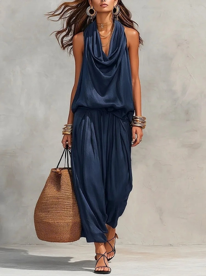 Women's Halter Neck Sleeveless Top High Waist Wide Leg Pleated Trousers Set Elegant Casual Summer Vacation Two Piece Outfit