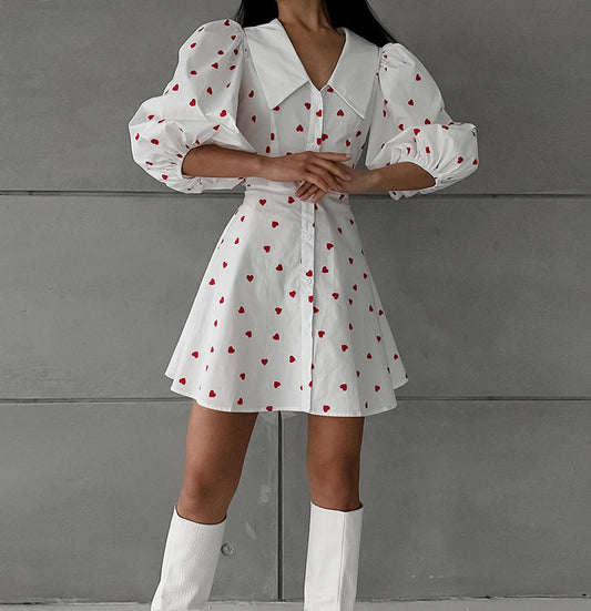 Women's Heart Print Puff Sleeve Mini Dress Button Down A Line Cute Summer Dress - Seldom Seen Styles