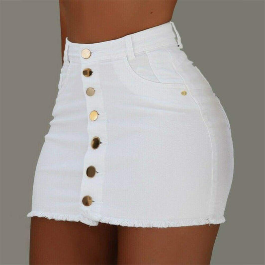 Women's High Waist Denim Mini Skirt Button Front Bodycon Stretch Jean Skirt - Seldom Seen Styles