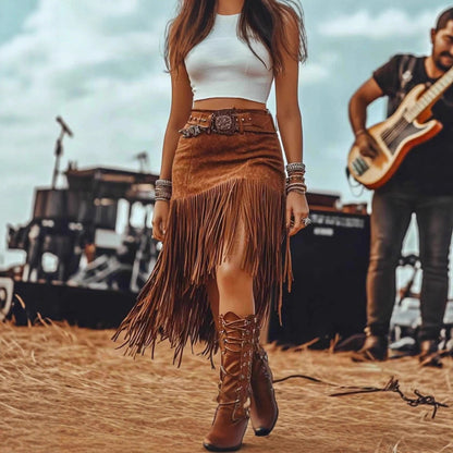 Women's High Waist Fringe Mini Skirt Faux Suede A-Line Slim Casual Fall Winter Vacation Dress