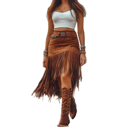 Women's High Waist Fringe Mini Skirt Faux Suede A-Line Slim Casual Fall Winter Vacation Dress