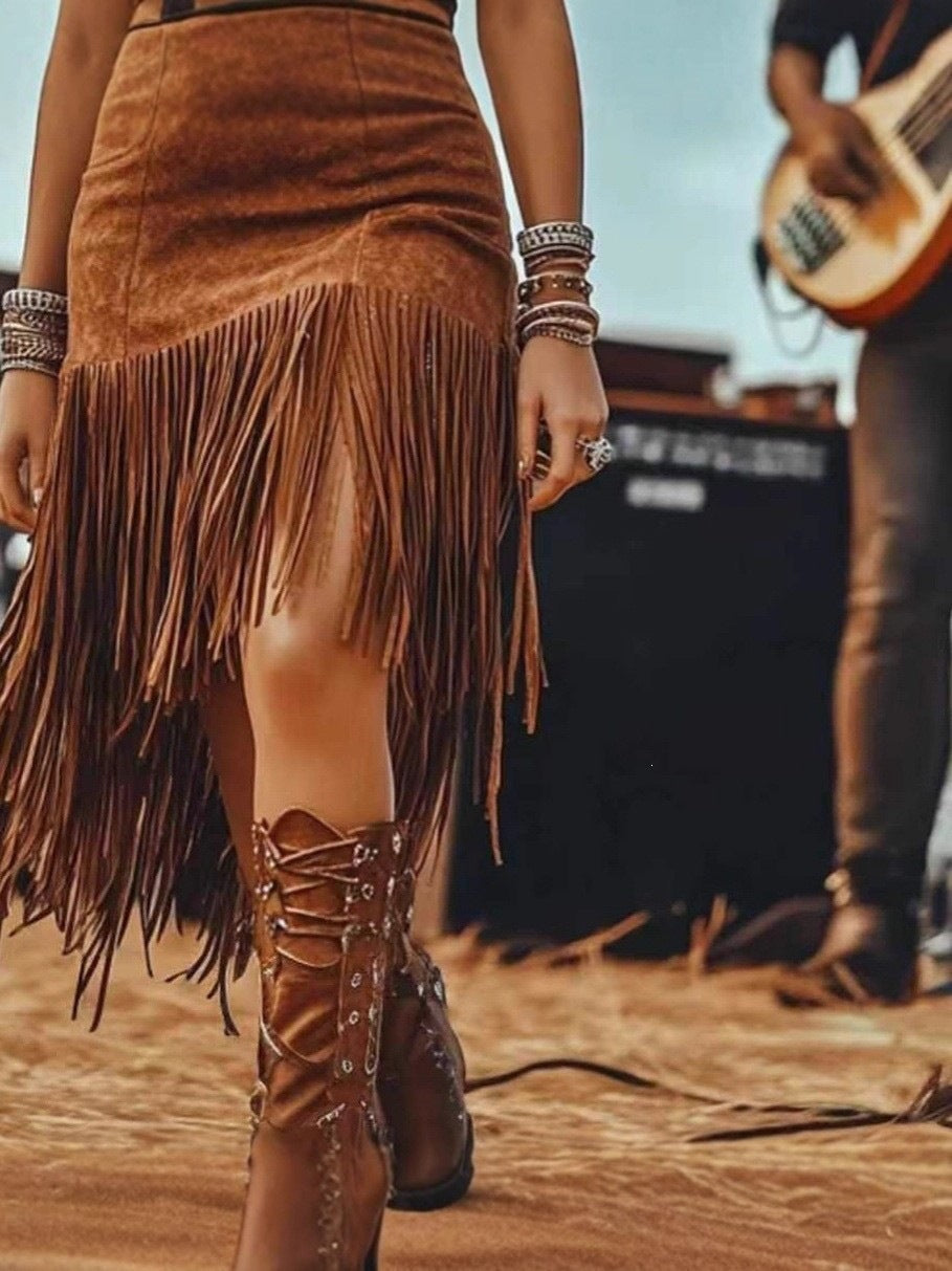 Women's High Waist Fringe Mini Skirt Faux Suede A-Line Slim Casual Fall Winter Vacation Dress - Seldom Seen Styles