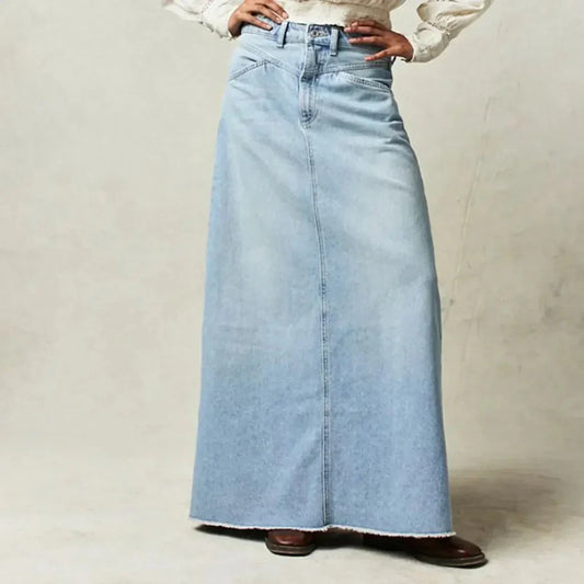 Women's High Waist Straight Denim Maxi Skirt with Raw Hem - Seldom Seen Styles