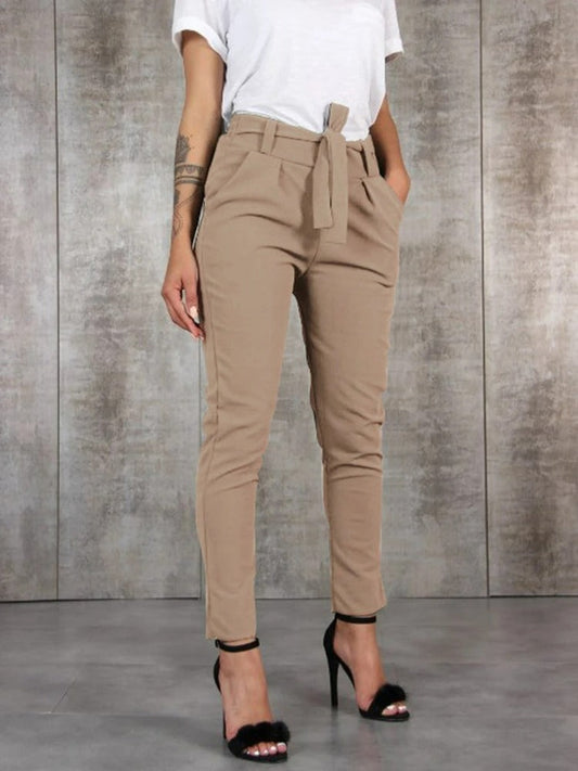 Women's High Waisted Belted Tapered Ankle Length Trousers - Seldom Seen Styles