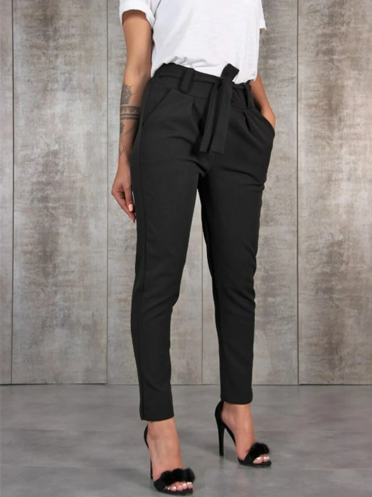 Women's High Waisted Belted Tapered Ankle Length Trousers - Seldom Seen Styles