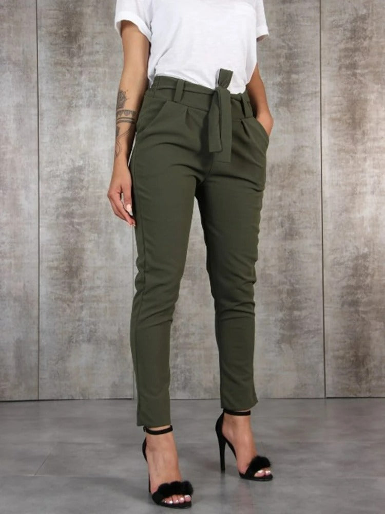 Women's High Waisted Belted Tapered Ankle Length Trousers - Seldom Seen Styles