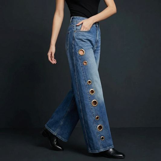 Women's High Waisted Wide Leg Jeans Rivet Detail Straight Leg Denim Pants - Seldom Seen Styles