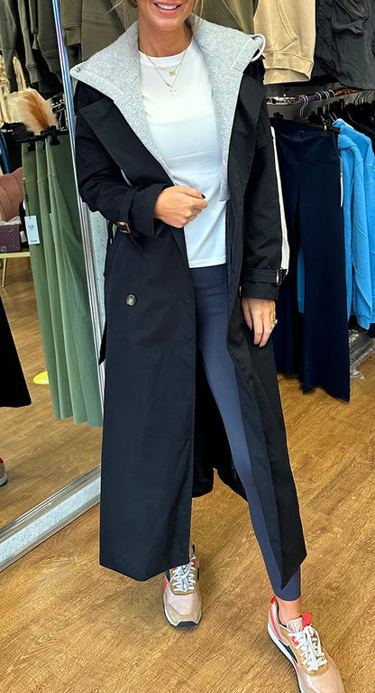 Manteau long décontracté à capuche avec revers et fausse superposition pour femme