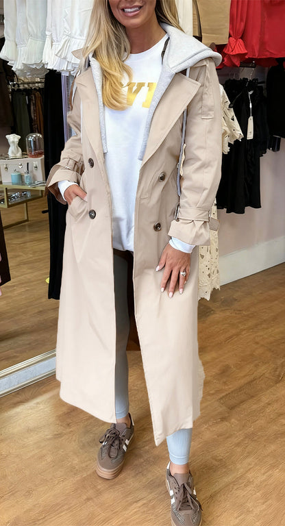 Manteau long décontracté à capuche avec revers et fausse superposition pour femme
