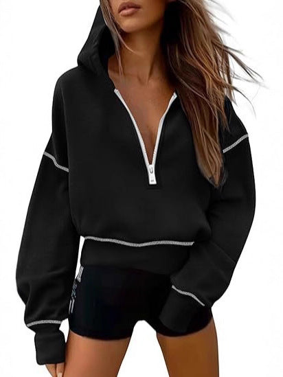 Women's Hooded Sweatshirts Long Sleeve Half Zip Cropped Hoodie Pullover Gold Zipper With Stitching Detail Winter Fashion Clothes - Seldom Seen Styles