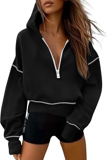 Damen Kapuzen-Sweatshirts Langarm Half-Zip Cropped Hoodie Pullover Goldreißverschluss mit Nahtdetails Wintermode Kleidung