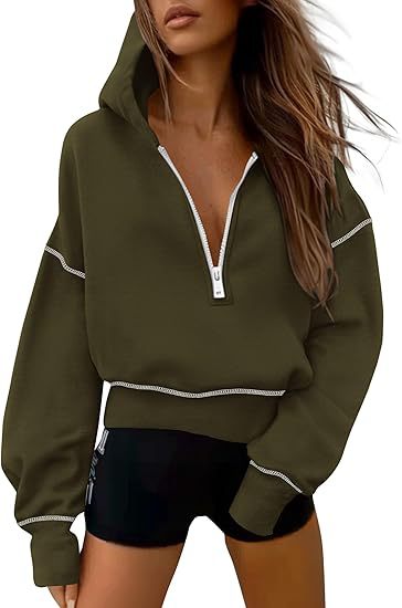 Damen Kapuzen-Sweatshirts Langarm Half-Zip Cropped Hoodie Pullover Goldreißverschluss mit Nahtdetails Wintermode Kleidung