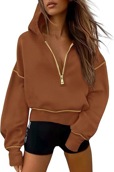 Damen Kapuzen-Sweatshirts Langarm Half-Zip Cropped Hoodie Pullover Goldreißverschluss mit Nahtdetails Wintermode Kleidung