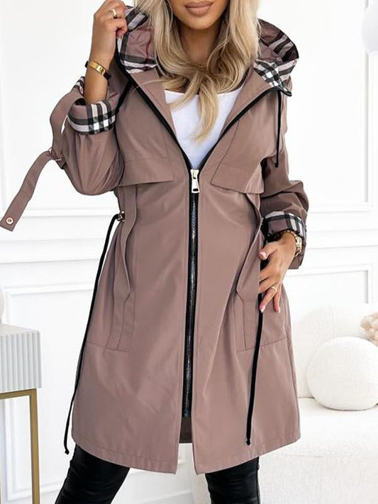 Women's Hooded Zipper Drawstring Plaid Print Casual Long Coat - Seldom Seen Styles
