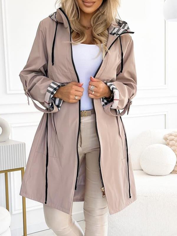 Women's Hooded Zipper Drawstring Plaid Print Casual Long Coat - Seldom Seen Styles