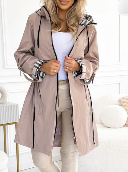 Manteau long décontracté à capuche zippé avec cordon de serrage à carreaux pour femmes