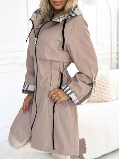 Manteau long décontracté à capuche zippé avec cordon de serrage à carreaux pour femmes