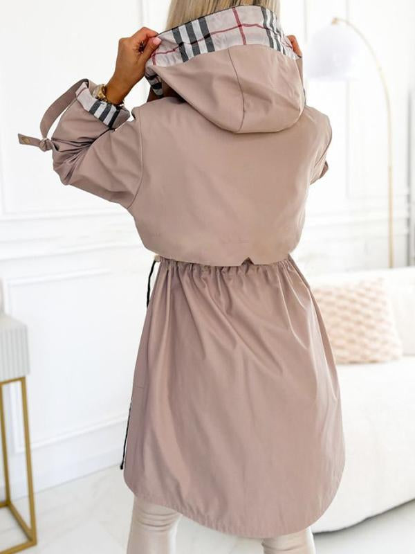 Women's Hooded Zipper Drawstring Plaid Print Casual Long Coat - Seldom Seen Styles