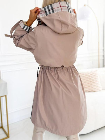 Manteau long décontracté à capuche zippé avec cordon de serrage à carreaux pour femmes