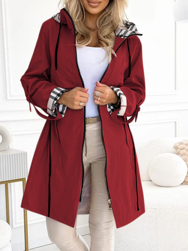Women's Hooded Zipper Drawstring Plaid Print Casual Long Coat - Seldom Seen Styles
