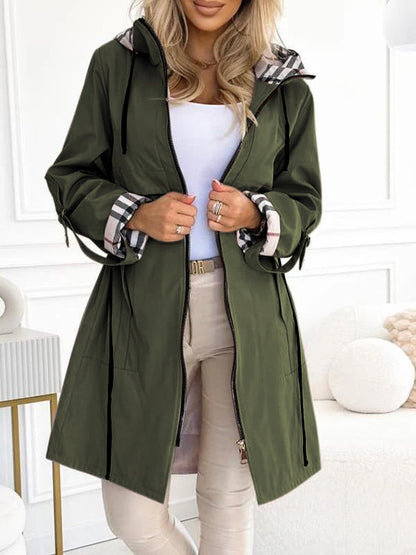 Manteau long décontracté à capuche zippé avec cordon de serrage à carreaux pour femmes