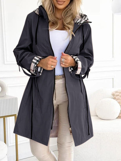 Manteau long décontracté à capuche zippé avec cordon de serrage à carreaux pour femmes