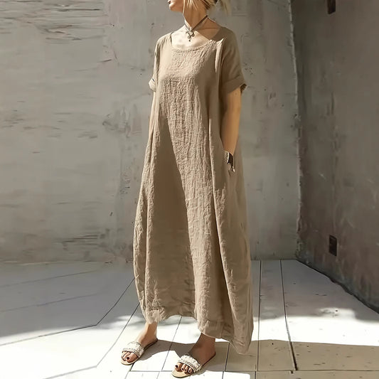 Women's Ice Silk Crew Neck Short Sleeve Loose Waist Midi Dress Summer Casual Vacation - Seldom Seen Styles